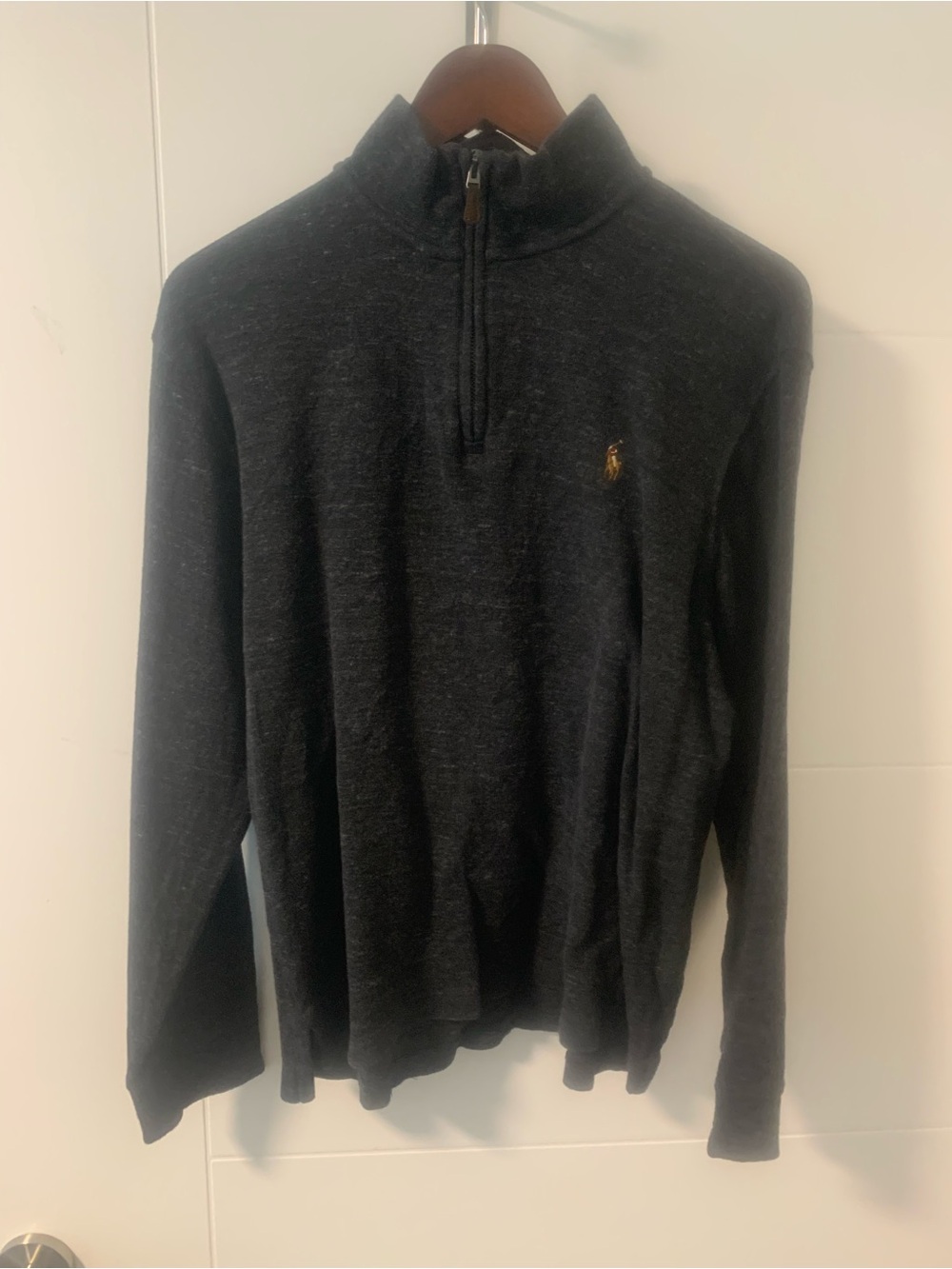 Ralph Lauren Charcoal Quarter-Zip Sweater with Gold Pony A14